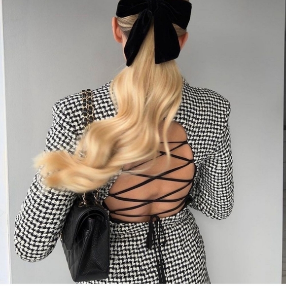 NWT Zara * Houndstooth Textured Tweed Blazer Dress Cut Out Size XS S - Picture 3 of 15